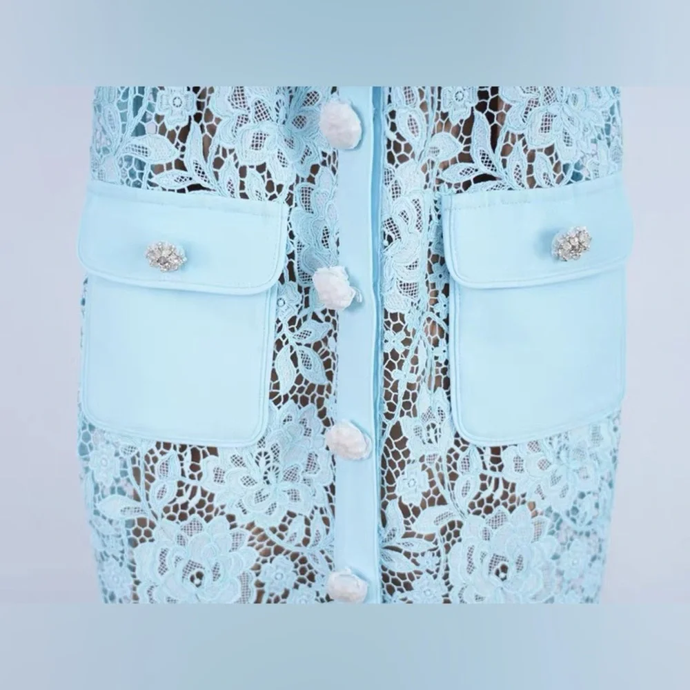 Self-Portrait Blue Lace Embellished Buttons Belted Mini Dress UK8/US4 NWOT - Picture 6 of 11